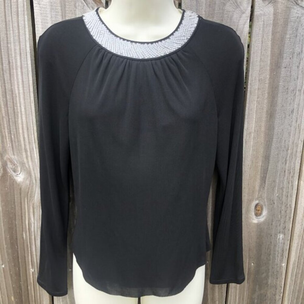Neil Bieff Black Sequin Blouse Wool 8 Top White Keyhole Vintage Medium